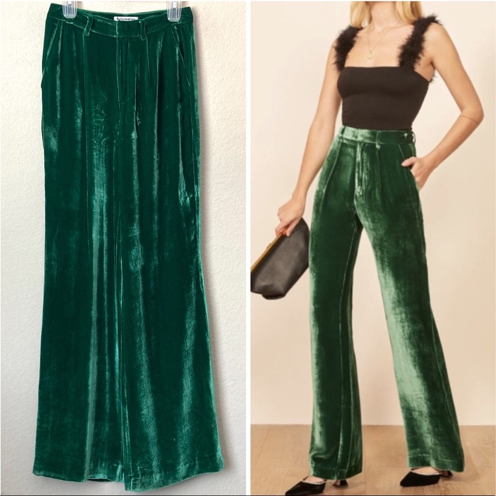 Reformation Velvet Wide-Leg High Waisted Silk Blend Wes Pants In Green